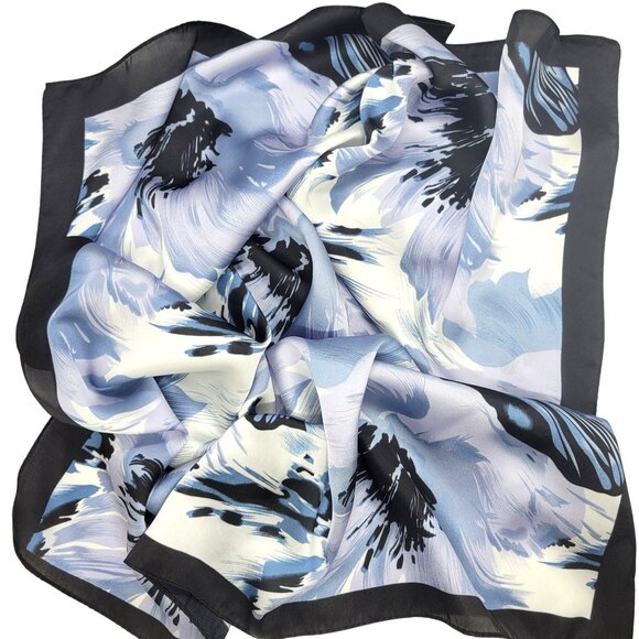 Luxury Silky Soft Square Scarf Black Blue White Abstract Floral Print Shawl Wrap - Picture 3 of 4